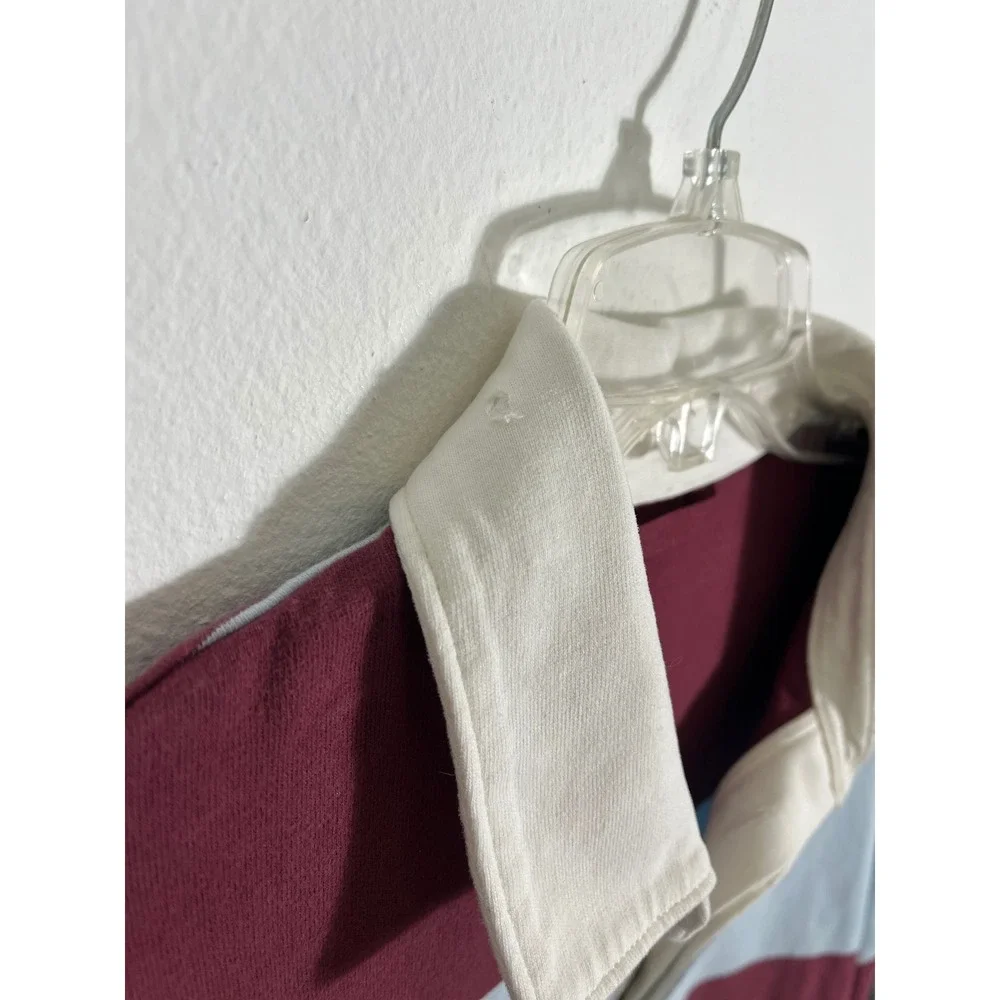 LULULEMON Long Sleeve Cotton Rugby Shirt in Wide Stripe Burgundy Bay Foam Cloud